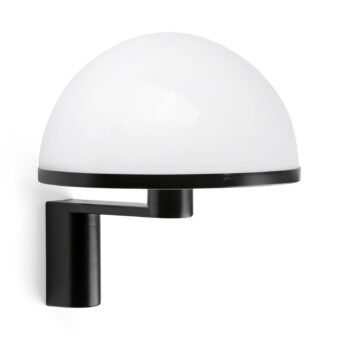 Lamp by Faro Barcelona featuring translucent white opaline glass shade paired with matte black metal arm