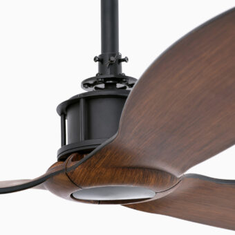 Ceiling fan by Faro Barcelona with matte black metal frame and curved blades in a medium brown textured wood finish