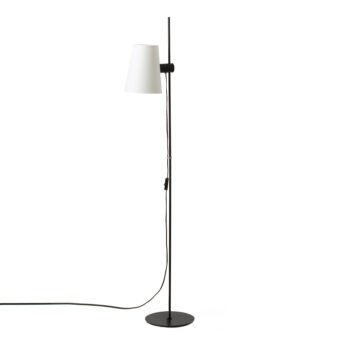 Floor lamp by Faro Barcelona in matte black metal with a white fabric shade, featuring an adjustable stem and tilting…