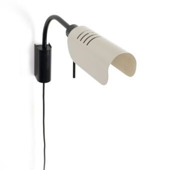Wall lamp by Faro Barcelona in matte metal with black arm and light beige slatted shade for directional lighting control