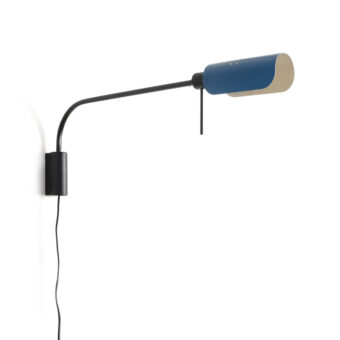 Wall lamp by Faro Barcelona Martinica in matte blue metal with beige interior, black arm, mount, and adjustable shade