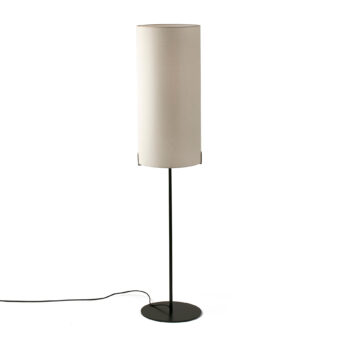 Lamp by Faro Barcelona featuring cylindrical off-white fabric shade on thin black metal stem and circular base