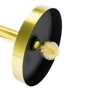 Floor lamp by Faro Barcelona Whizz in brushed gold metal with matte black interior saucer shade and exposed filament bulb