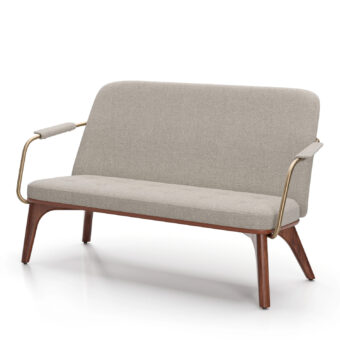 Sofa by Stellar Works featuring light gray textured fabric upholstery, solid wood base, and polished gold metal armrest supports