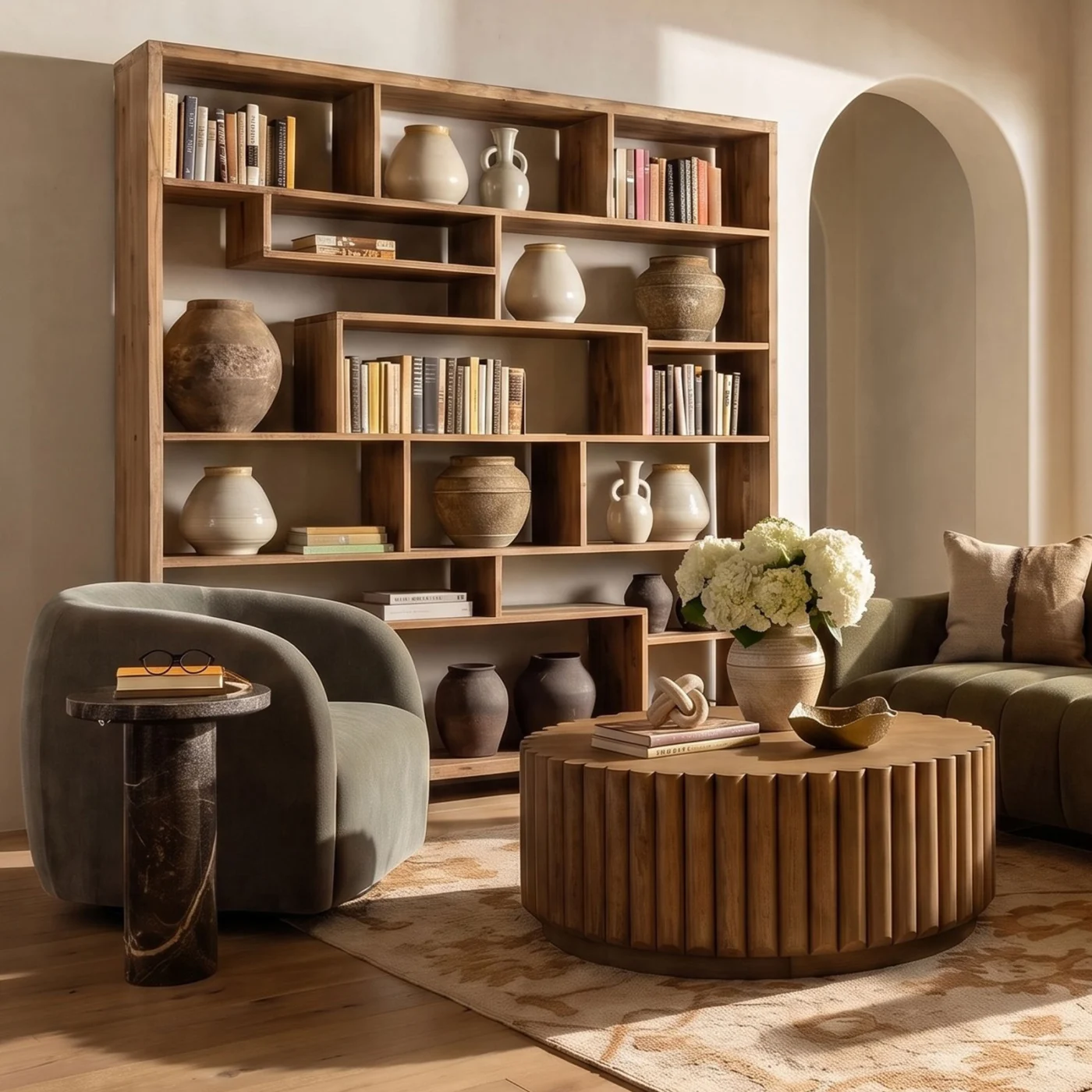 Swivel chair by Dovetail in grayish-green boucle upholstery with continuous curved backrest and integrated armrests