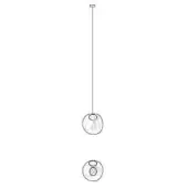 Pendant light, matte black metal, dual spherical cage design suspended from a vertical rod with a circular ceiling mount.