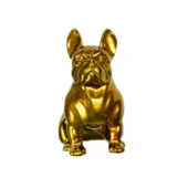 Distinguished Juliarte Seated Bulldog sculpture crafted with stone powder and fiberglass in a lustrous golden chrome finish