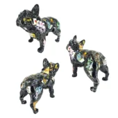 French bulldog sculptures, black resin, graffiti design with pink, yellow, blue, and white abstract patterns and diamond details.