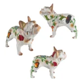 Ceramic French bulldog sculptures with rose finish, hand-painted vines, red roses, and varied floral detailing on cream bases.