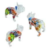 French bulldog sculptures, Juliarte Plaisire finish, glossy white with red, yellow, blue, green hand-painted designs and French text.