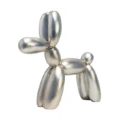 Silver balloon dog sculpture by Juliarte, metallic finish, rounded segments, playful pose, reflective sheen, contemporary design.