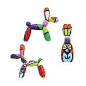 Balloon dog sculptures, multi-colored resin, segmented forms with polka dots; abstract sculpture, stacked design, yellow and black accents.