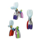 Juliarte balloon dog sculptures, reflective vinyl, white bodies with purple/gray, red/black, and blue/orange accents, each with a cat sculpture.