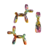 Balloon dog sculptures, multi-colored spray paint, abstract graffiti aesthetic with “24h le mans” text, glossy resin or vinyl material.