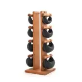 Wooden weight rack with eight black beanbag weights, cherry wood construction, square base, numbered weights 2-8, white stitching, studio lighting.