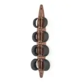 Acupressure mat with walnut wood frame and five black circular cushions, secured by silver zippers, against a light gray backdrop.