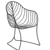 Metal chair with dark gray finish, featuring openwork vertical lines in backrest and seat, curved legs, and ergonomic silhouette.