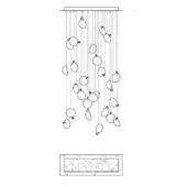 Chandelier technical drawing, rectangular form, translucent oval fixtures, cascading arrangement, black lines on white background, schematic design.