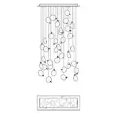 Chandelier line drawing, white background, cascading oval elements suspended from rectangular canopy, technical illustration with inset detail.