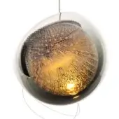 Pendant light, glass and metal, spherical fixture with textured dark grey inner sphere and visible grid pattern, warm light emission.