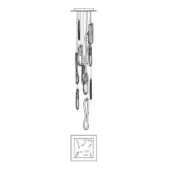 Linear chandelier with black cords and dark oval elements suspended over a square patterned base against a white backdrop.
