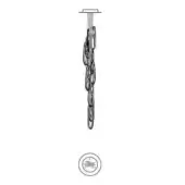 Linear chandelier with brushed metal finish, featuring cascading oval elements connected to a cylindrical rod and circular ceiling mount.