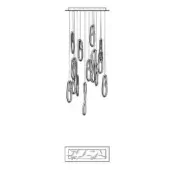 Chandelier line drawing, black and white, with rectangular plate, vertical cables, and oval metal ring elements at varied heights.