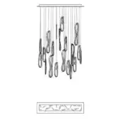 Linear chandelier with twisted cord elements suspended from a horizontal bar, over a rectangular pattern of linear shapes in black and white.