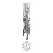 Chandelier line drawing, black and white, cascading loops with clustered circular detail, technical illustration of modern lighting fixture.