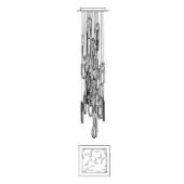 Linear chandelier with dark glass elements suspended from a square metal canopy, mounted to a recessed ceiling fixture.