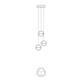 Chandelier line drawing, black and white, three staggered circles connected by vertical lines, with mirrored circular detail below.