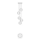 Linear chandelier technical drawing, white background, rectangular plate, vertical rods with circular rings, cascading arrangement, schematic diagram.
