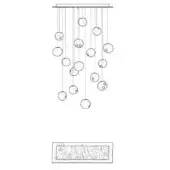 Chandelier with spherical glass orbs, rectangular metal canopy, cascading arrangement, minimalist design, monochromatic technical drawing, “28.16 rec” text.