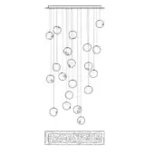 Chandelier line drawing, metal rods with circular globes, staggered arrangement, rectangular base detail, technical schematic, white background.