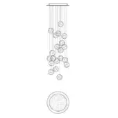 Linear chandelier technical drawing, white background, cascading circular rings suspended from vertical wires, minimalist geometric design.