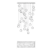 Chandelier line drawing, metal rods with textured glass orbs, cascading arrangement, rectangular canopy, minimalist modern design.