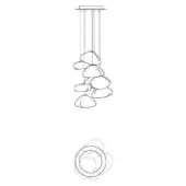 Pendant light fixture, linear cables, stacked stone forms, cascading arrangement, technical drawing, white background.