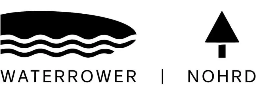 WaterRower NOHRD logo with black boat hull graphic, conifer tree, and sans-serif typography on a white background.