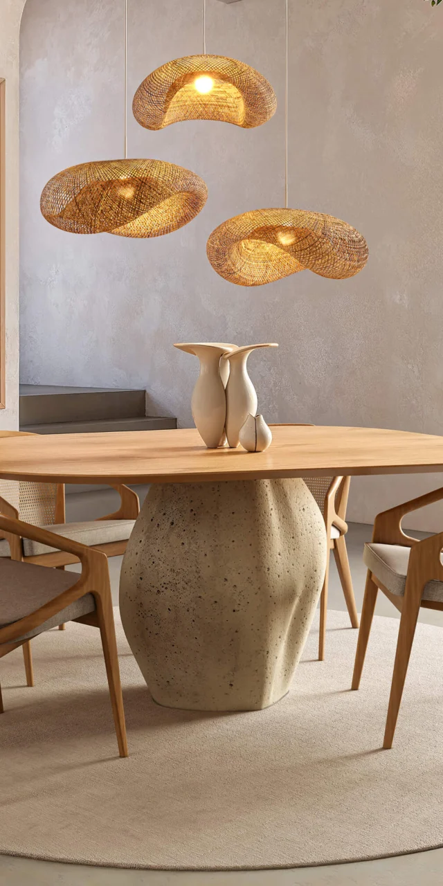 Dining table by Hews Home Petra in wood featuring natural grain and smooth matte finish on sandy beige pedestal