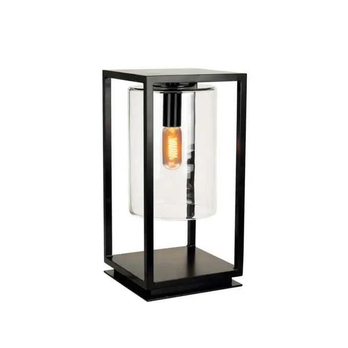 Royal Botania rb dome gate lamp, matte black metal frame, clear glass cylinder, Edison bulb, geometric minimalist design.