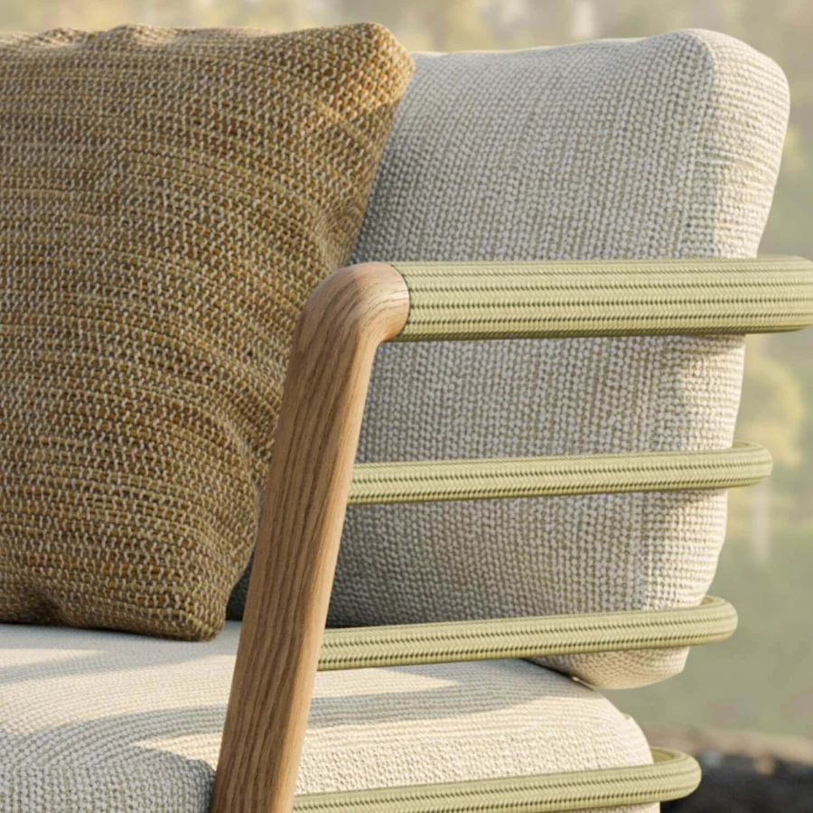 Lounge chair by Royal Botania Archy in matte wood with light green off-white woven cord plus upholstered seat back cushions