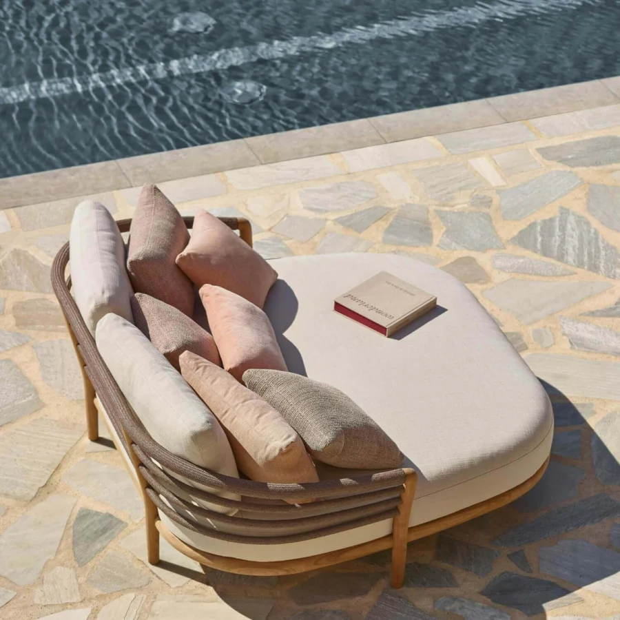 Day-bed by Royal Botania Archy in teak with smooth finish, woven cord backrest, plus beige, pink, brown cushion upholstery