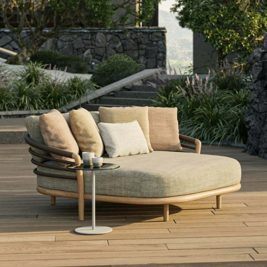 Daybed by Royal Botania Archy in teak with smooth finish, olive-green upholstery plus light brown, beige, off-white cushions