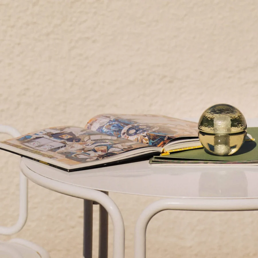 Lamp set by Bocci in spherical glass with bubble pattern and glossy gold finish featuring rechargeable cordless power