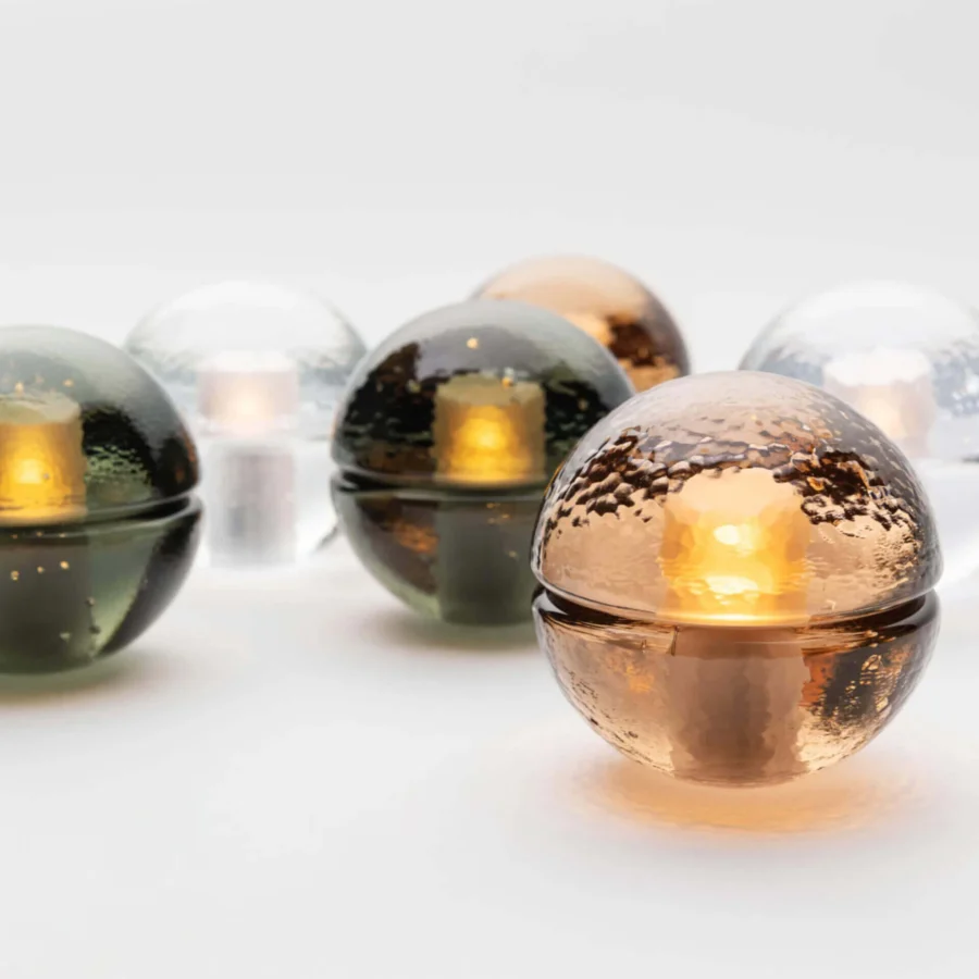 Lamp set by Bocci in translucent amber, olive green and clear glass with glossy finish and central opaque light source