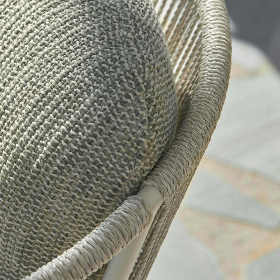 Armchair by Royal Botania Cordiz in stainless steel with teak wood plus beige cord and greyish-green upholstered cushion
