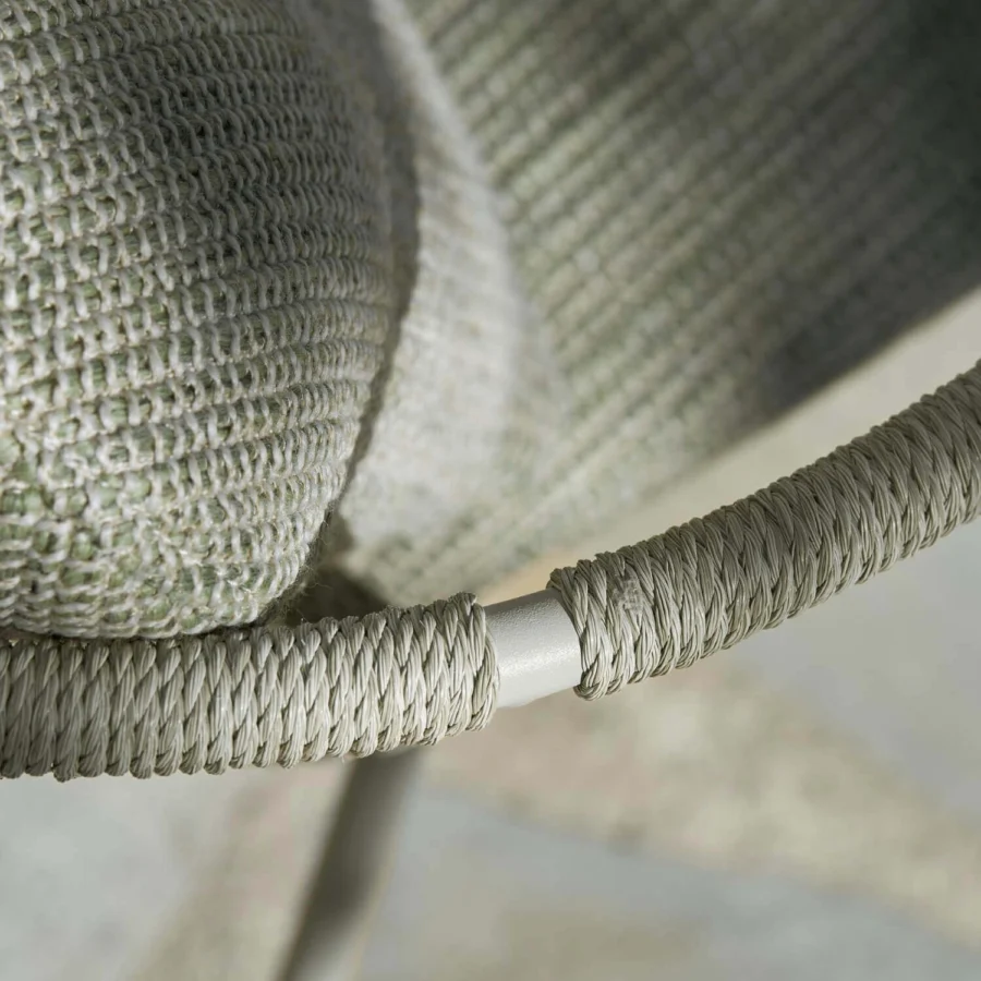 Armchair by Royal Botania Cordiz in matte light grey stainless steel with teak wood plus sage green woven fabric upholstery