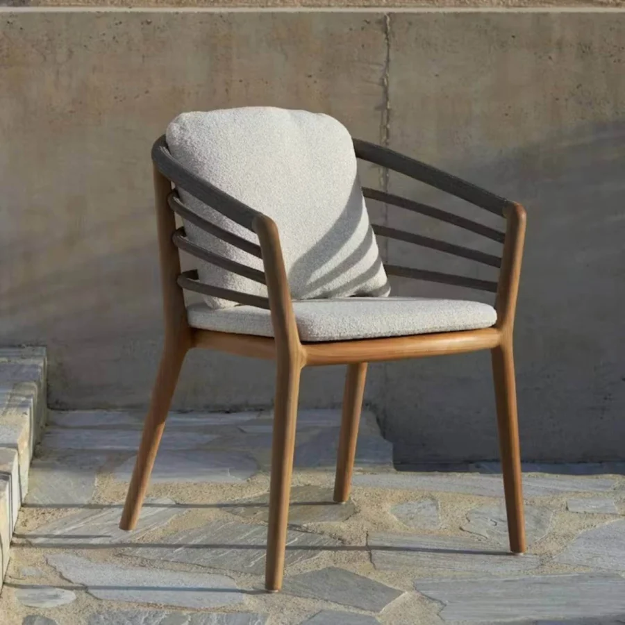 Armchair by Royal Botania Archy in teak wood frame with matte finish, charcoal cord and off-white cushions