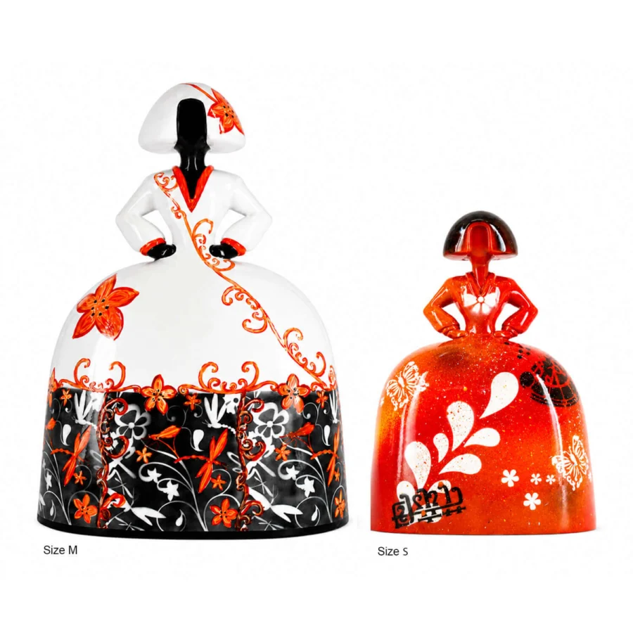 Sculpture by Juliarte in stone powder and fiberglass with white black orange floral patterns and smooth glossy finish