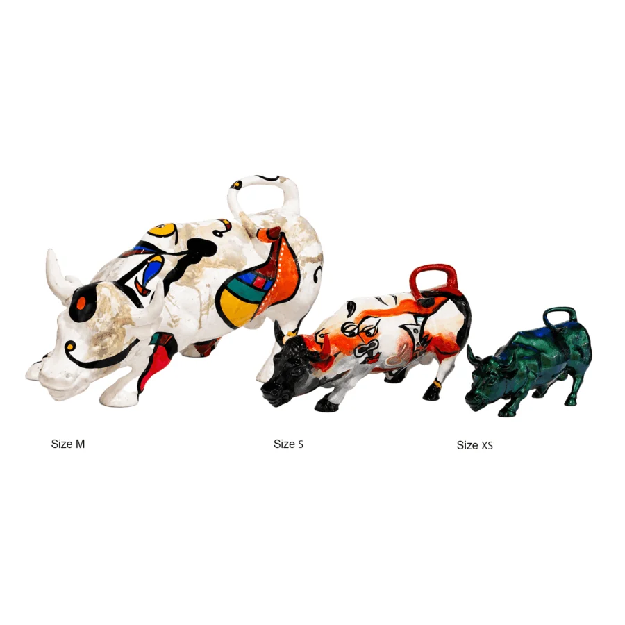 Sculpture by Juliarte in white stone powder and fiberglass with glossy finish, bull shape having abstract color patterns